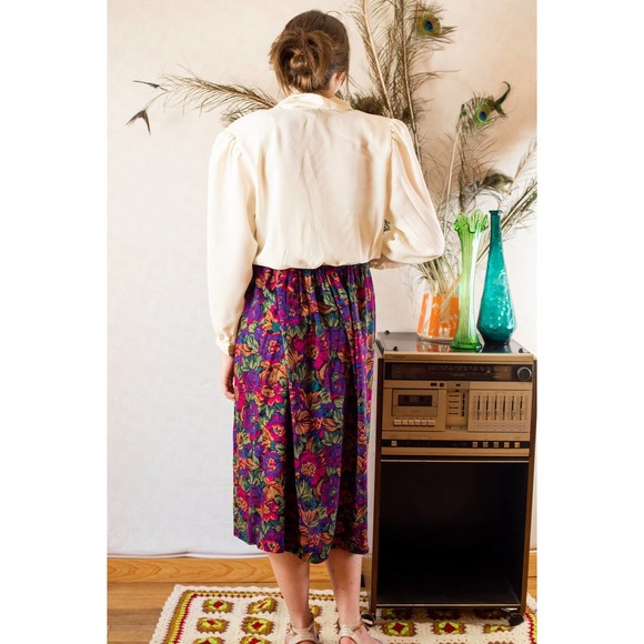 Vintage 80s Autumn Fall Cottagecore Floral Cream Secretary Midi Dress, M… - Picture 8 of 10